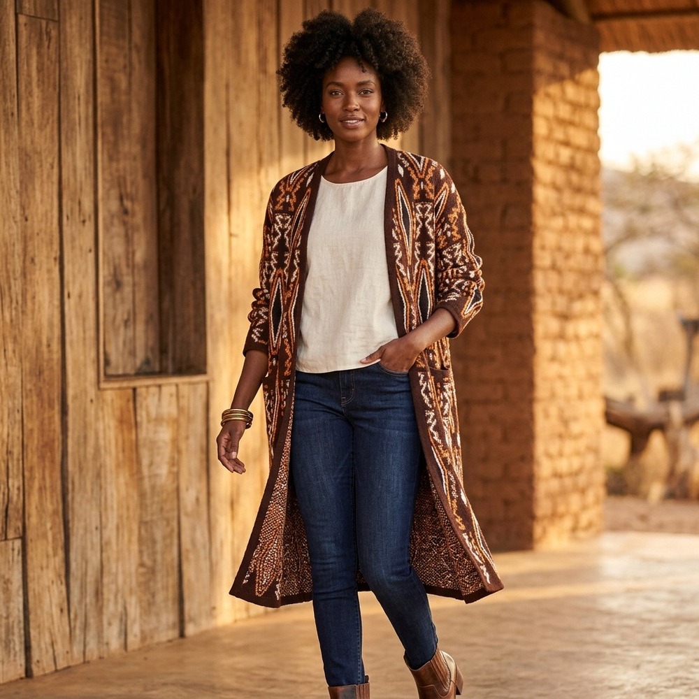 ZARA KNIT NWT Geometric Jacquard Long Cardigan Sweater Coat Duster Boho M
